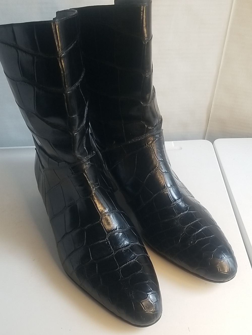Susan Bennis/Warren Edwards Black Croc-Embossed Mid-Calf Boots